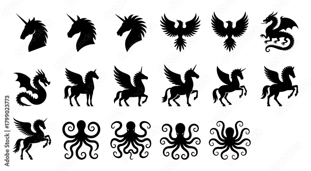 Naklejka premium Mythical Fantasy Creature Silhouettes of Unicorn, Pegasus, Dragon, Octopus, Phoenix. Black Vector illustration set