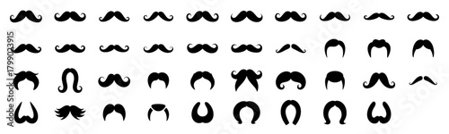 Black Silhouette Mustache Icons Set for Vintage Grooming, Barbershop and Facial Hair Design. Vector illustration