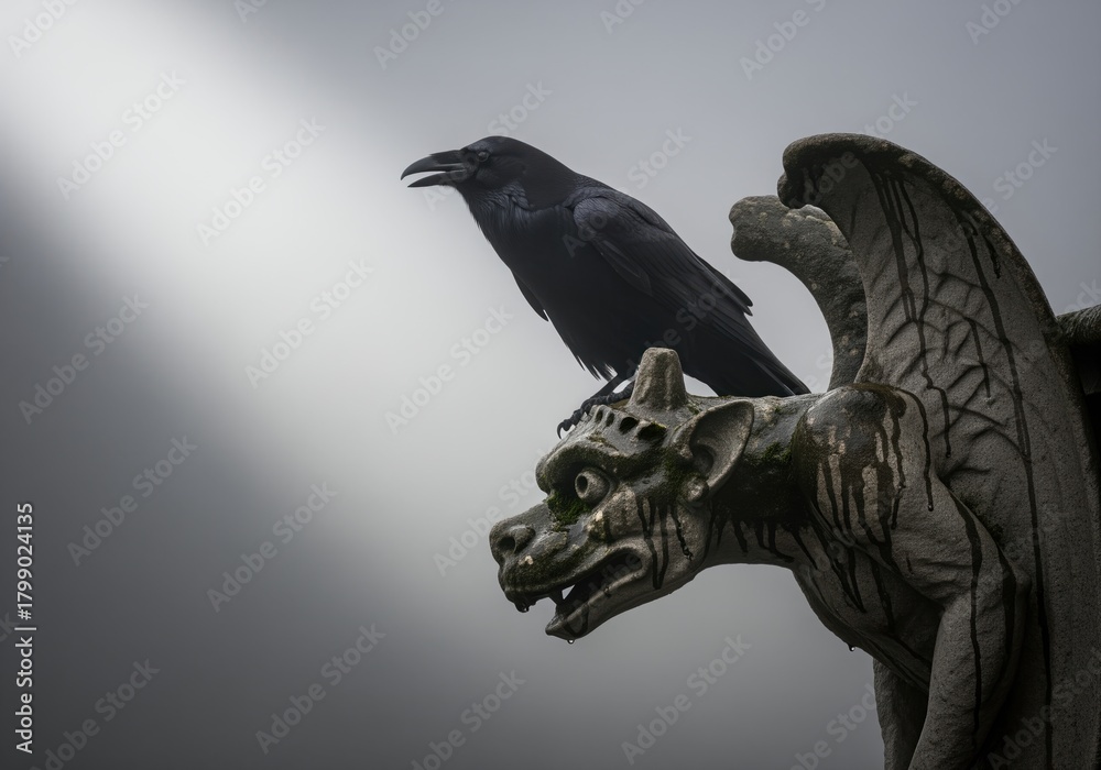 Obraz premium Ominous black raven sitting atop a gothic stone gargoyle statue in mist