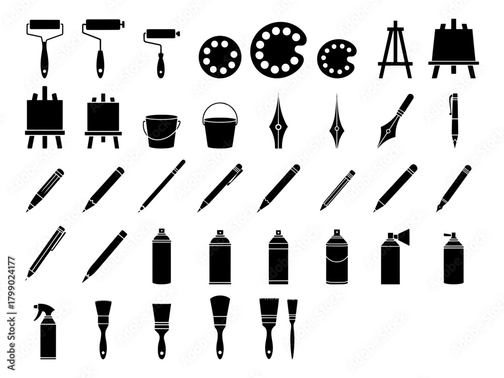 Obraz premium art painting drawing tools supply icons set. vector silhouette collection of brush, pen, pencil, palette, easel, spray, can, bucket and roller.