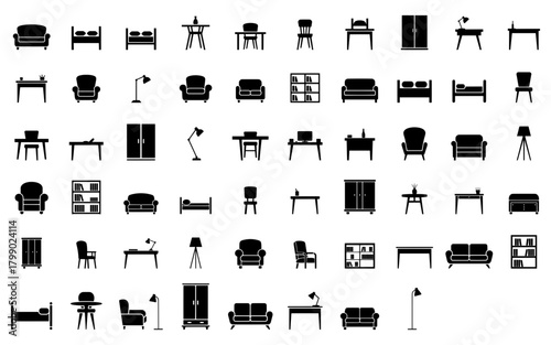 Furniture Icons Set, interior home furnishings like beds chairs tables sofas lamps cabinets bookshelves etc