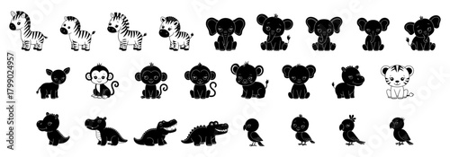 Cute Baby Safari Jungle Animal Icons Set like zebra, monkey, elephant, crocodile, parrot etc. Cartoon Silhouette Vector Collection