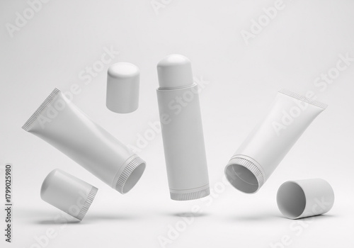 3d render mockup flying empty white packing chapstick or lip balm