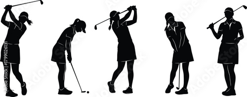 Female golfer silhouettes, women golfing poses, golf swing actions, putting stance, sports athlete outlines, professional golf vector illustration set Female golfer silhouettes