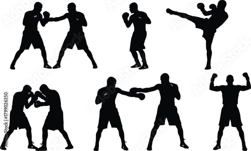 Silhouette boxing athletes performing punches kicks training movements martial arts fitness combat sport action poses collection on white background