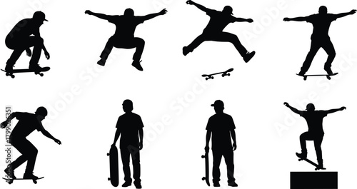Silhouette, skateboarder, performing, tricks, extreme, sport, urban, action, jump, ollie, stunt, skateboarding, motion, balance, outdoor, athlete, freestyle, skatepark, energetic, dynamic