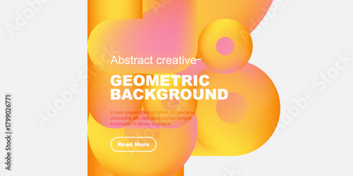 Abstract geometric background features vibrant orange, yellow shapes. Text includes geometric background, plus sample text, button.