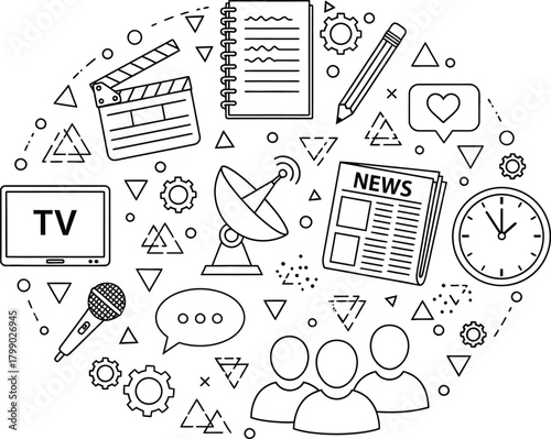 Doodle collage of media and communication icons arranged in a circle
