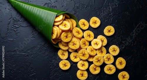 Banana chips spilling out of a green banana leaf cone onto a dark, textured surface, offering a tropical snack