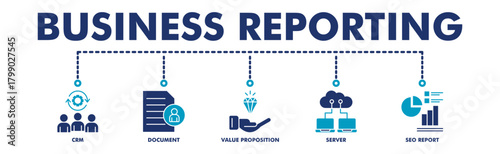 Business reporting banner web vector illustration with icons of crm, document, value proposition, server, seo report.