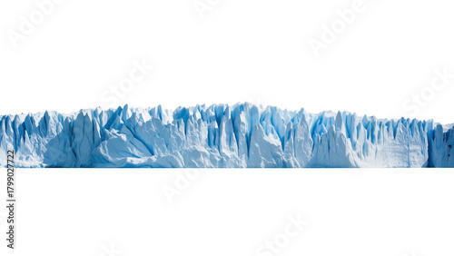 Majestic glacier wall with jagged ice face, shades of blue and white revealing natural layers, powerful symbol of frozen wilderness and raw nature.