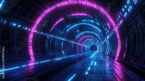 Fototapeta Naklejka Na Ścianę i Meble -  Futuristic neon light tunnel creating a virtual cyberpunk environment