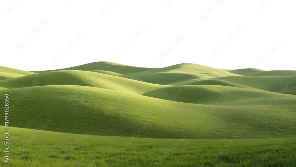 Naklejka premium Smooth rolling green hills under a pale sky, minimalist natural landscape with serene atmosphere and soft wave-like shapes.