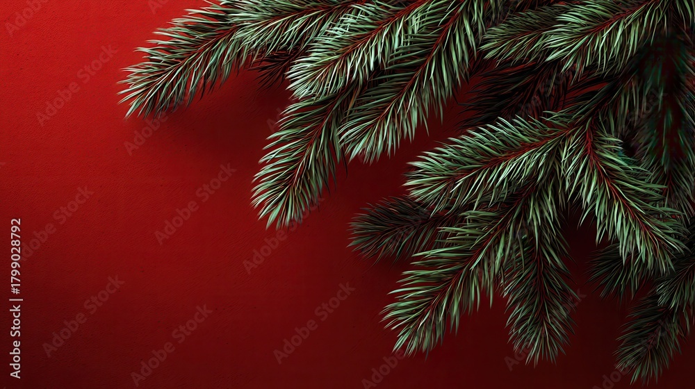 Obraz premium pine branch on red christmas background green pine branch with red holiday background space