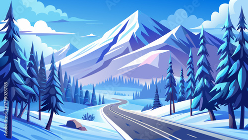 A peaceful winter travel scene featuring a mountain road surrounded by frosted trees, white hills, and soft blue tones, capturing the calm beauty of nature in the cold season