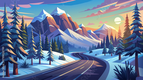 A tranquil nature travel scene with a winding mountain road blanketed in snow, surrounded by pine trees and gentle winter light highlighting the natural beauty of the season