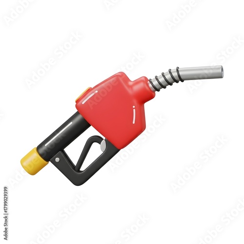 Red fuel pump nozzle 3d render illustration for gas station service, energy consumption, and automotive industry concept.