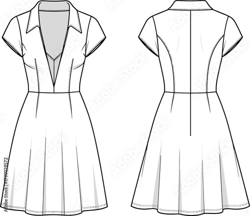 Women’s dress technical fashion sketch, fitted bodice flared skirt apparel outline, detailed sewing pattern template, stylish garment cad drawing flat vector illustration