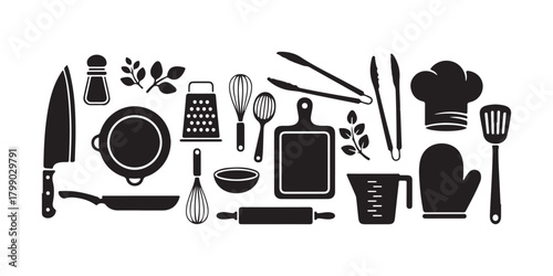 silhouettes of kitchen tools in a vector set, cooking icons

