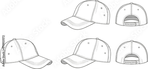 Baseball cap technical drawing set, detailed multiview hat templates with stitching, professional apparel design schematics for fashion cad drawing flat vector illustration