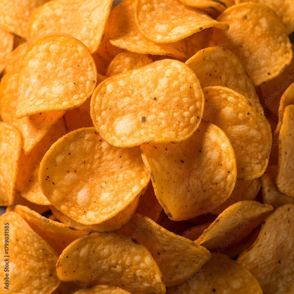 Fototapeta premium A pile of seasoned potato chips, showcasing their irregular shapes and savory seasoning, a popular and satisfying snack choice