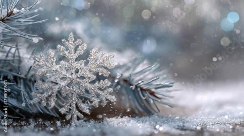 delicate snowflake crystal covered in frost and glittering against a blurred cozy winter background with pine branches and holiday deco ns