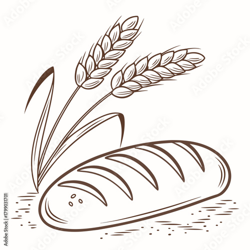 Simple line art illustration of a loaf of bread with two stalks of wheat and grains on a white background representing baking and agriculture