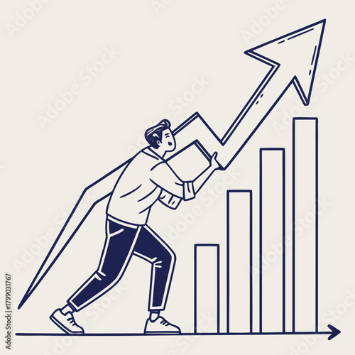A determined businessman pushes a rising graph line upwards symbolizing growth success and achieving financial goals with effort and dedication