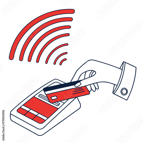 Close up of a hand in a suit sleeve holding a credit card near a payment terminal with wireless signal waves emanating from the card and terminal indicating contactless payment transaction