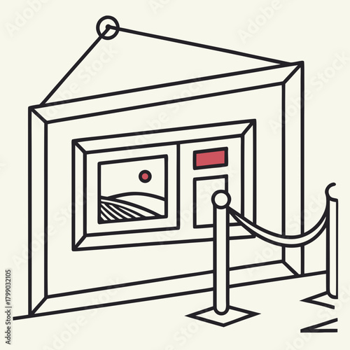 A minimalist line art illustration of a framed painting hanging in an art gallery with a velvet rope barrier in front of it representing culture and exhibition