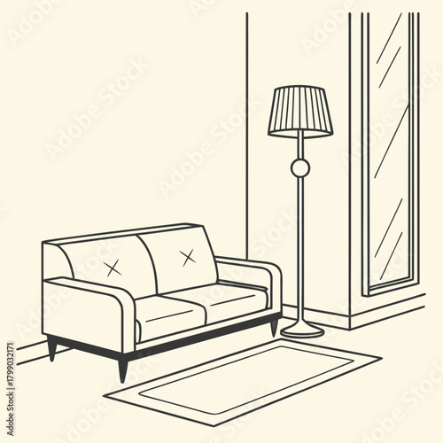 A minimalist line drawing of a modern living room corner featuring a sleek sofa a tall floor lamp a rectangular rug and a large mirror reflecting the scene