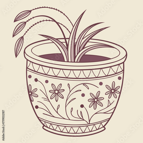 A charming line art illustration of a potted plant with delicate floral and geometric patterns adorning the ceramic pot set against a soft neutral background