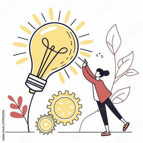 Creative woman with a bright idea lighting up a giant lightbulb with a stylus symbolizing innovation and inspiration with gears and plants in the background