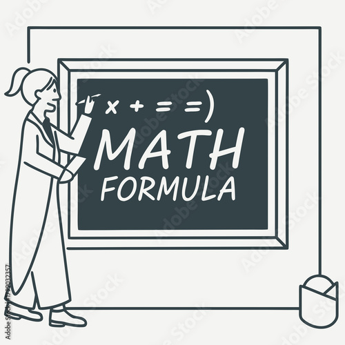 A teacher standing next to a chalkboard writing a math formula and the words math formula on the board in a simple line art style