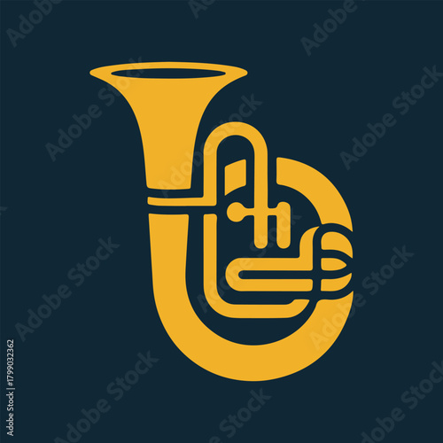 Golden tuba on a dark blue background