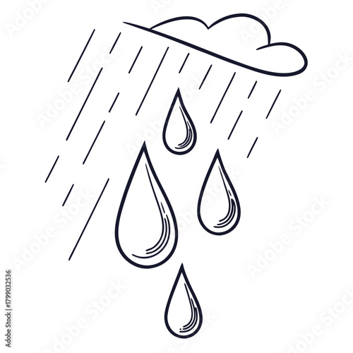 Simple hand drawn sketch of a dark cloud with falling raindrops and water droplets in a minimalist outline style on a white background