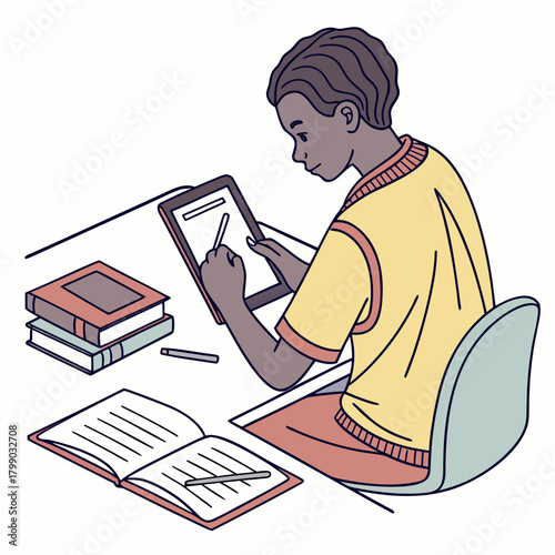 A young boy diligently studies at a desk using a tablet and stylus surrounded by books and an open notebook symbolizing modern education and learning