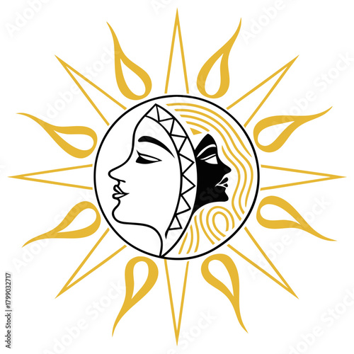 Stylized sun symbol featuring two faces in profile one light and one dark representing duality balance and the cosmic dance of day and night