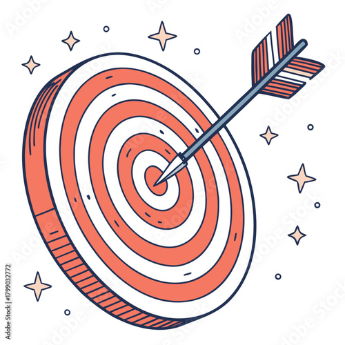 A hand drawn illustration of a dartboard with an arrow perfectly hitting the bullseye surrounded by sparkling stars and dots symbolizing success and achievement in a simple clean design