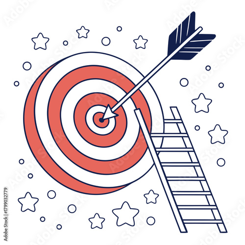 A successful bullseye hit on a target with an arrow a ladder leaning against it and stars and circles scattered around representing achievement and reaching goals