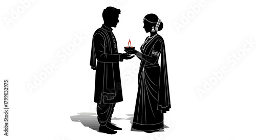A silhouette illustration of an Indian couple in traditional attire holding a lit diya lamp during a cultural or religious ceremony.
