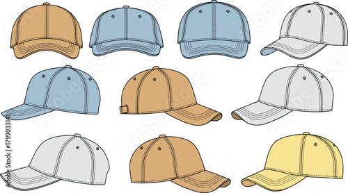 Multicolor baseball cap technical sketch set, detailed vector hat templates with stitching, front and side views for fashion design cad drawing flat vector illustration