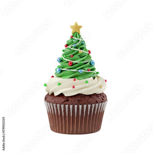Festive christmas cupcake with a tree shaped frosting and star on a black backdrop on transparent background