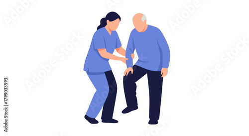 A female caregiver in blue scrubs assists an elderly man with physical therapy or walking support.