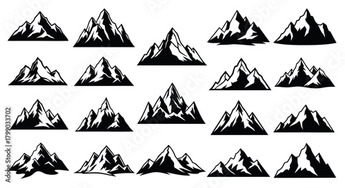 A collection of various black and white mountain peak silhouettes and icons, depicting different rugged and sharp natural landscapes.