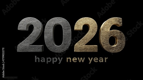 Shiny gold and silver metallic '2026' text on a black background, with 'Happy New Year' below, perfect for holiday celebrations, greeting cards, invitations, and festive-themed designs.