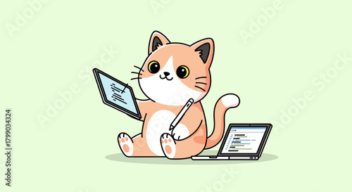 A cute cartoon cat drawing on a digital tablet with a stylus, next to a laptop displaying code.
