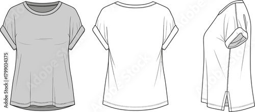 Women’s rolled sleeve t-shirt CAD template, flat fashion vector sketch, front back side views, technical garment illustration, apparel design reference, cad drawing flat vector illustration