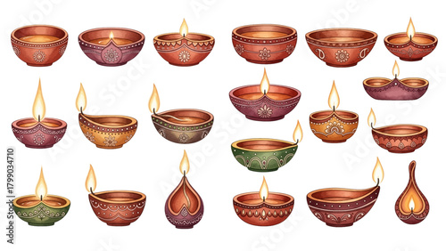 A collection of ornate, lit clay oil lamps, known as diyas, arranged for the Hindu festival of Diwali on a transparent background.