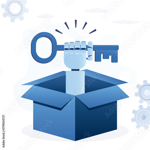 Neural network give new opportunities and targets. Robot arm give key from opened cardboard box. AI chat bot help with customer questions. New technologies for business